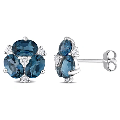 Mimi & Max 3ct Tgw London Blue Topaz And 1/4ct Tdw Diamond Floral Earrings In 14k White Gold
