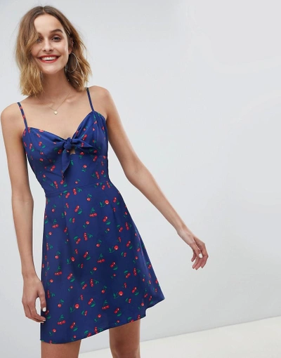 Neon Rose Cami Dress With Bunny Ties In Cherry Print - Navy