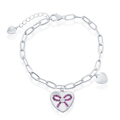 Simona Sterling Silver Heart With Ruby Cz Ribbon Paperclip Bracelet