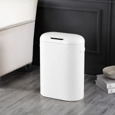 Happimess Robo Kitchen 13.2-gallon Slim Oval Motion Sensor Touchless Trash Can With Touch Mode, Cotton White