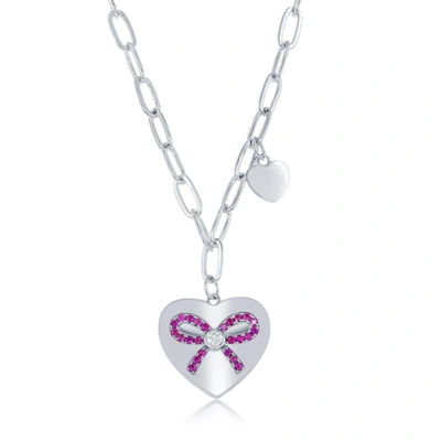Simona Sterling Silver Heart With Ruby Cz Ribbon Paperclip Necklace