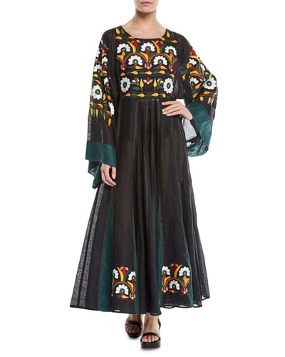 Vita Kin Round-neck Long-sleeve Floral-embroidered Long Linen Dress In Black Pattern