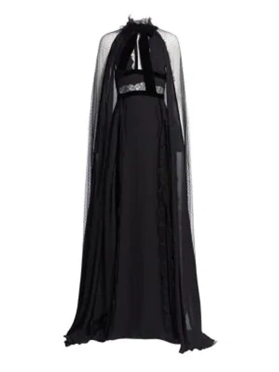 Elie Saab Long Crepe Georgette Cape Evening Gown W/ Lace & Velvet Details In Black