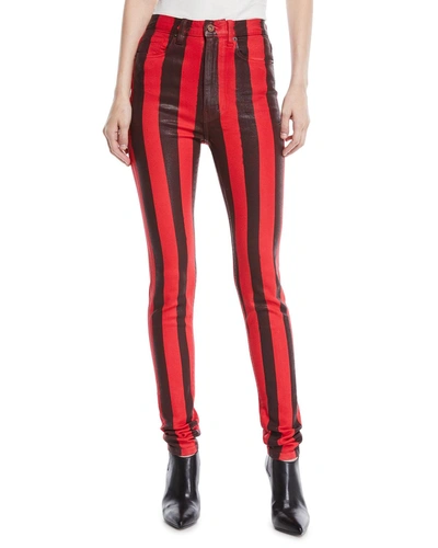 Tre By Natalie Ratabesi High-waist Striped Skinny Coated Denim Pants In Red/black