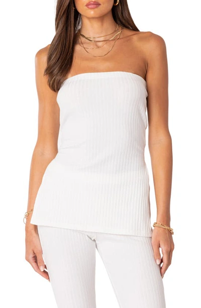 Edikted Dekota Ribbed Side Slit Strapless Top In White