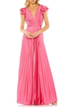 Mac Duggal Ruffle Cap Sleeve Cutout Heat Pleated Jumpsuit In Candy Pink