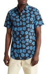 Open Edit Geometric Poppy Print Stretch Poplin Camp Shirt In Black - Blue Poppy Geo