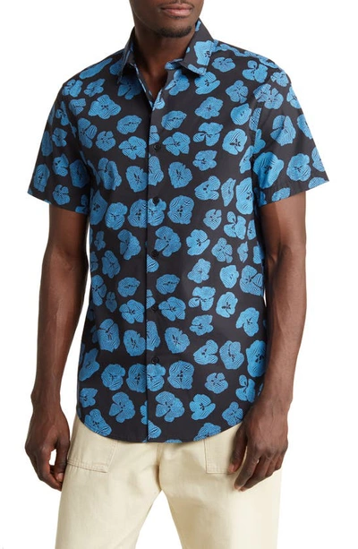 Open Edit Geometric Poppy Print Stretch Poplin Camp Shirt In Black - Blue Poppy Geo
