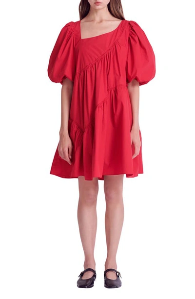 English Factory Asymmetric Poplin Tiered Dress In Raspberry