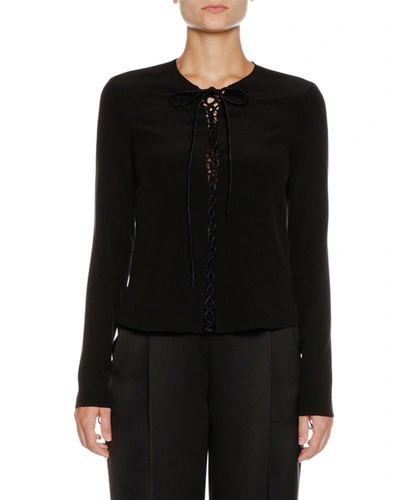 Giorgio Armani Lace-up Long-sleeve Silk Blouse In Black