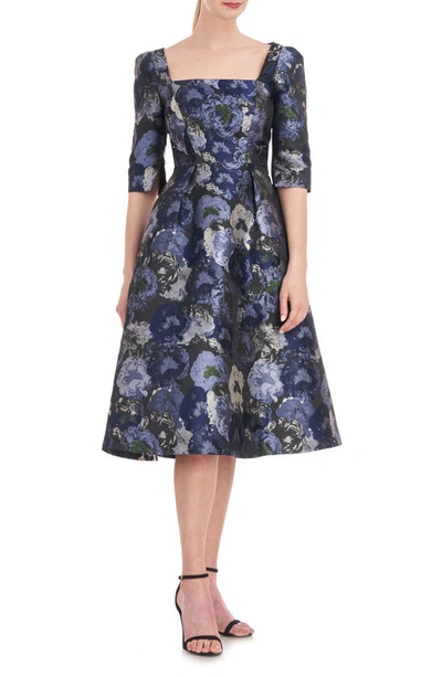 Kay Unger Piper Pleated Floral Jacquard Midi Dress In Cornflower