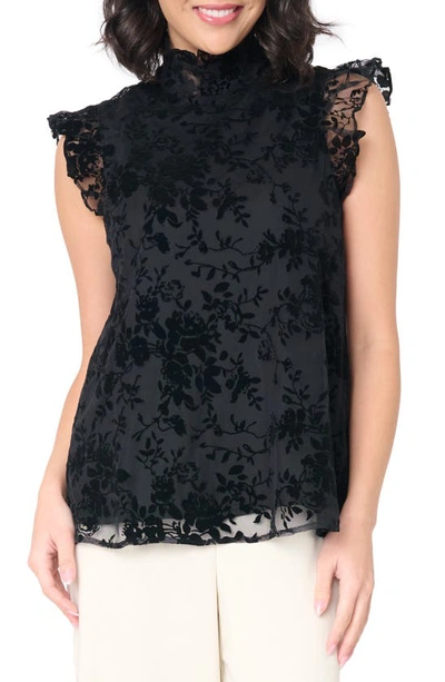 Gibsonlook Flocked Flutter Sleeve Top In Black