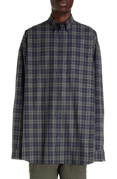 Balenciaga Check Oversize Cotton Flannel Button-down Shirt In Blue Multi