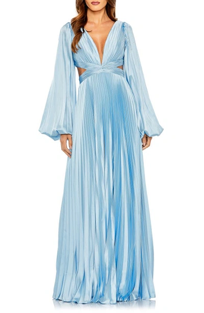 Ieena For Mac Duggal Long Sleeve Pleated Cut-out Gown In Powder Blue