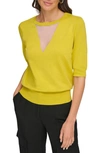 Dkny Sheer Mesh Illusion V-neck Sweater In Yellow
