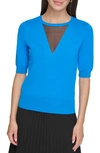 Dkny Sheer Mesh Illusion V-neck Sweater In Electric Blue
