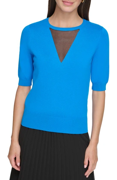 Dkny Sheer Mesh Illusion V-neck Sweater In Electric Blue