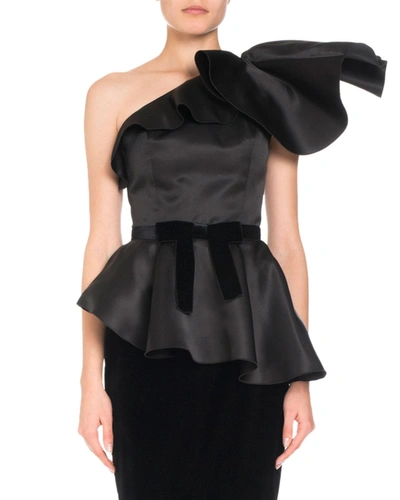 Andrew Gn Dramatic One-shoulder Silk Peplum Top In Black