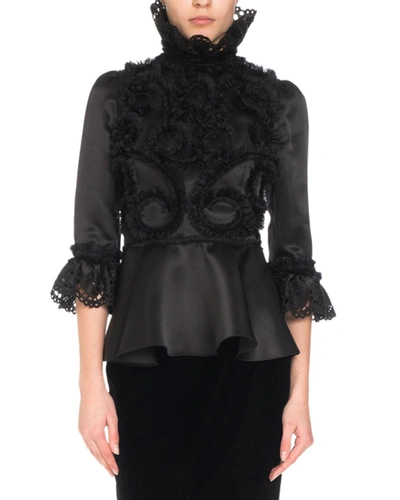 Andrew Gn 3/4-sleeve Silk Ruffle-embroidered Blouse W/ Dramatic High Neck In Black