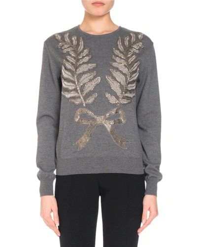 Andrew Gn Bow & Leaf Embellished Knit Sweater In Gray