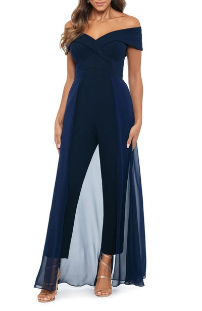 Xscape Off The Shoulder Maxi Jumpsuit In Navy