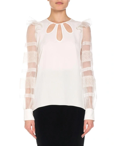 Andrew Gn Silk Keyhole Blouse W/ Organza & Lace Sleeves In White