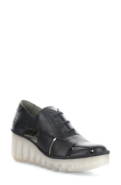 Fly London Bogi Platform Wedge Oxford In Black Mousse