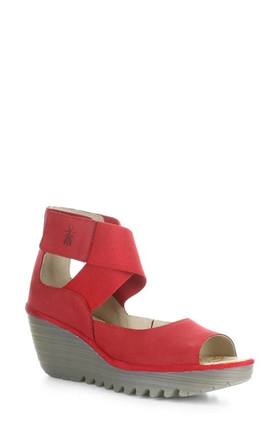 Fly London Yefi Platform Wedge Sandal In Lipstick Red Cup