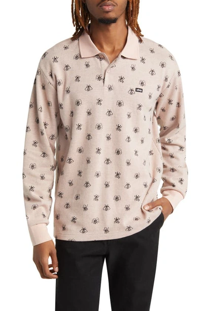 Obey Pest Long Sleeve Jacquard Piqué Polo In Peach Whip Multi