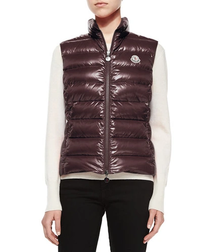 Moncler Ghany Shiny Quilted Puffer Vest In Burgundy