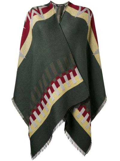 Etro Fringed Wool-blend Jacquard Cape In Green