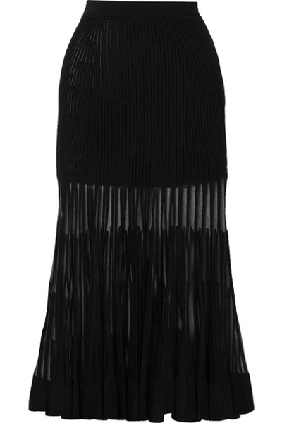 Alexander Mcqueen Mesh-paneled Ribbed Stretch-knit Midi Skirt In Black