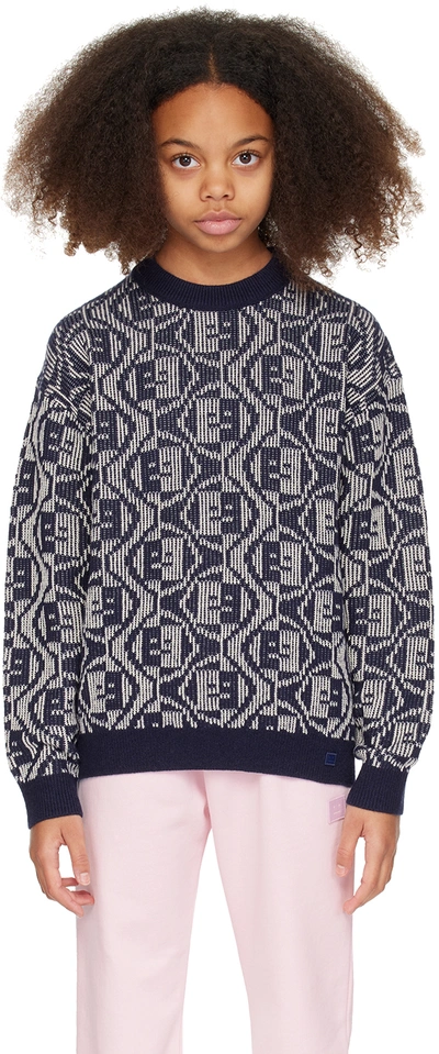 Acne Studios Kids' Face Logo Cotton Sweater In Navy/oatmeal