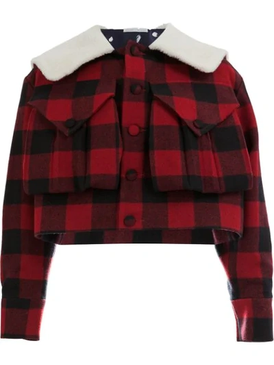 Charles Jeffrey Loverboy - Check Shearling Collar Cropped Jacket - Womens - Red Multi