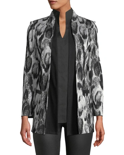Misook Plus Size Snow Leopard Printed Jacket W/ Shawl Front In Blk/marble/mink