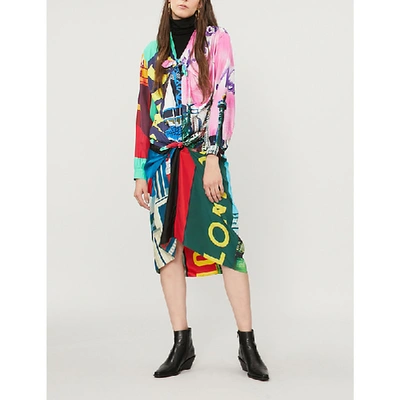 Balenciaga Draped Multicolor Print Silk Dress