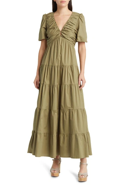 Charles Henry Ruched Tiered Dress In Olive | ModeSens
