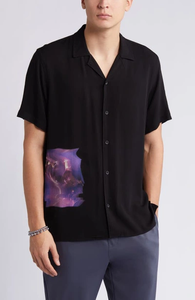 Open Edit Floral Print Relaxed Fit Camp Shirt In Black Orchids