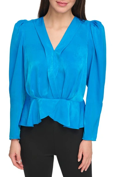 Dkny Wrap Front Satin Peplum Blouse In Electric Blue