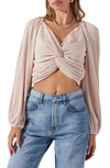 Astr The Label Long Sleeve Twist Front Plissé Crop Top In Champagne