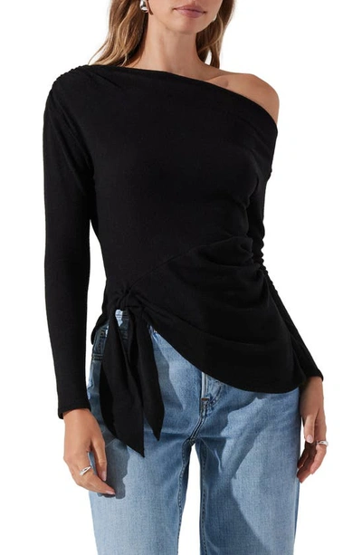 Astr One-shoulder Tie Hem Knit Top In Black