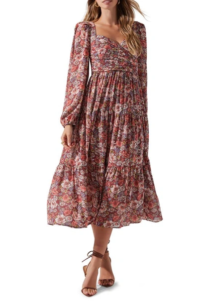 Astr Floral Pleated Long Sleeve Midi Dress In Rust Multi Floral