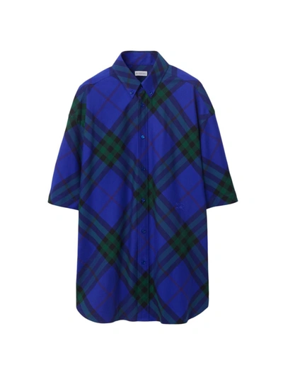 Burberry Button-down Collar Logo-embroidered Checked Cotton-twill Shirt In Blue