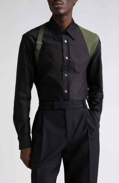 Alexander Mcqueen Harness Cotton Poplin Button-up Shirt In Black/ Khaki