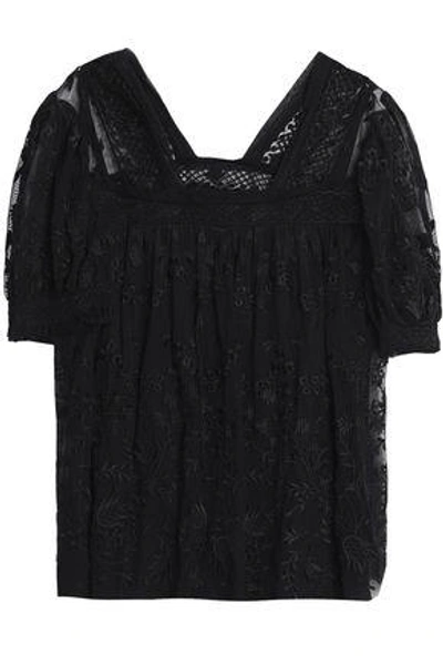 Needle & Thread Woman Embroidered Tulle Blouse Black