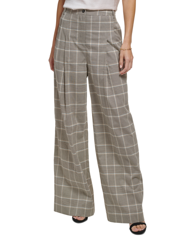 Dkny Petite Plaid Notch Collar Ruched Sleeve Jacket Wide Leg Essex Pants In Roasted Pecan Multi