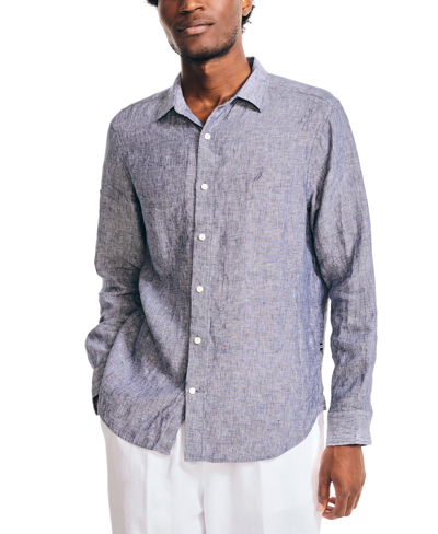 Nautica Men's Classic-fit Long-sleeve Button-up Solid Linen Shirt In Navy Seas