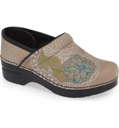 Dansko Embroidered Professional Clog In Taupe Milled Nubuck Leather