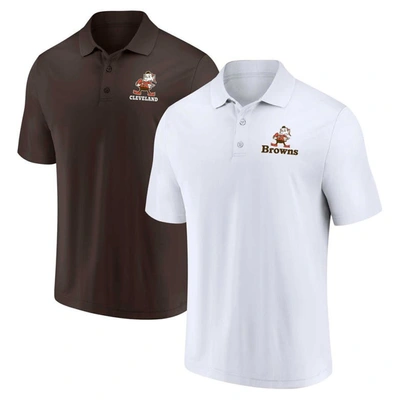 Fanatics Men's  White, Brown Distressed Cleveland Browns Throwback Two-pack Polo Shirt Set In White,brown