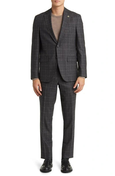 Ted Baker Karl Slim Fit Windowpane Check Stretch Wool Suit In Charcoal